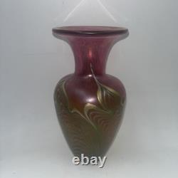 ROBERT HELD ART GLASS 7.25 Vase Pink/Yellow Iridescent with Pulled Feather
