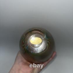ROBERT HELD ART GLASS 7.25 Vase Pink/Yellow Iridescent with Pulled Feather