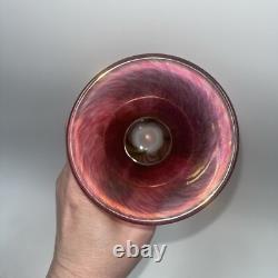 ROBERT HELD ART GLASS 7.25 Vase Pink/Yellow Iridescent with Pulled Feather