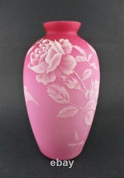 ROSES & BIRD Cased PINK satin art glass WHITE Enamel 9.5 tall antique VASE