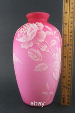 ROSES & BIRD Cased PINK satin art glass WHITE Enamel 9.5 tall antique VASE