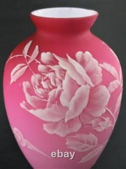 ROSES & BIRD Cased PINK satin art glass WHITE Enamel 9.5 tall antique VASE