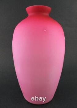 ROSES & BIRD Cased PINK satin art glass WHITE Enamel 9.5 tall antique VASE