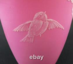 ROSES & BIRD Cased PINK satin art glass WHITE Enamel 9.5 tall antique VASE