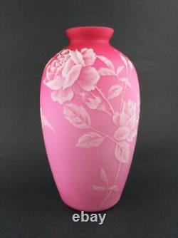 ROSES & BIRD Cased PINK satin art glass WHITE Enamel 9.5 tall antique VASE