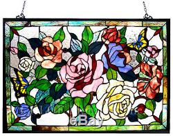 ROSE BOUQUET and BUTTERFLIES 27x19 RED PINK FLORAL STAINED GLASS WINDOW PANEL