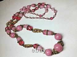 Rare 1920's Antique Czech Pink Peking Art Glass Egyptian Revival Neiger Necklace