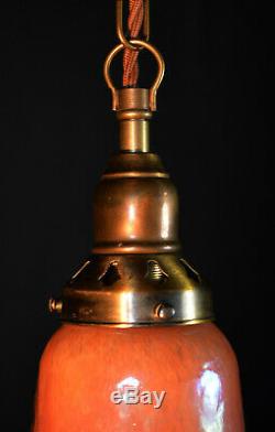 Rare 1950s Art nouveau bronzed brass & handmade iridescent glass pendant light
