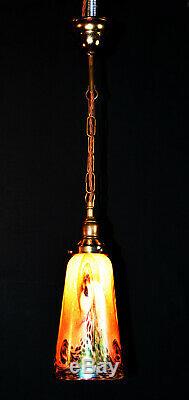 Rare 1950s Art nouveau bronzed brass & handmade iridescent glass pendant light
