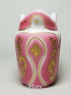 Rare 19th C. Pink Cut To White Art Glass Vase With Enamel & Gilding Bohemian