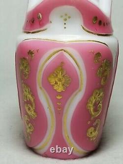 Rare 19th C. Pink Cut To White Art Glass Vase With Enamel & Gilding Bohemian