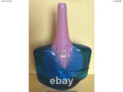 Rare 7.75 Vintage M Harris Mdina Axehead Glass Bud Vase Pink Splatter Blue Sign