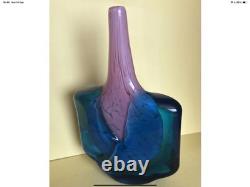 Rare 7.75 Vintage M Harris Mdina Axehead Glass Bud Vase Pink Splatter Blue Sign