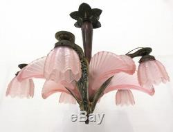 Rare ART DECO 1930 Belgian pink Glass Shells signed Bronze Wood chandelier