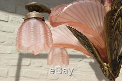 Rare ART DECO 1930 Belgian pink Glass Shells signed Bronze Wood chandelier
