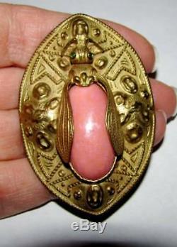 Rare Antique Art Deco Neiger Egyptian Pink Czech Glass Bee Bug Insect Scarab Pin