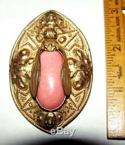 Rare Antique Art Deco Neiger Egyptian Pink Czech Glass Bee Bug Insect Scarab Pin