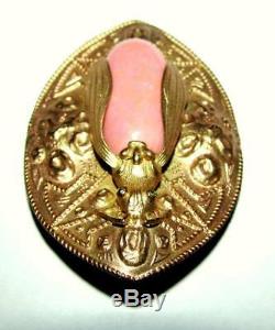 Rare Antique Art Deco Neiger Egyptian Pink Czech Glass Bee Bug Insect Scarab Pin