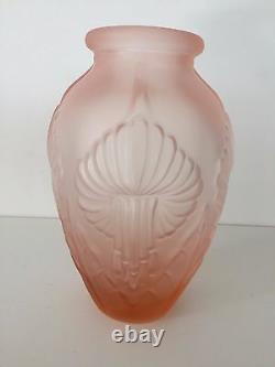 Rare Antique Pierre D'Avesn French Art Deco Satin Pink Glass Flower Vase, 9 T