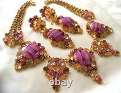 Rare CZECH Rose Pink & Purple Art Glass GP Rhinestone Glass Couture Necklace Set