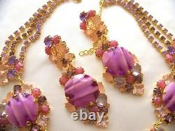 Rare CZECH Rose Pink & Purple Art Glass GP Rhinestone Glass Couture Necklace Set