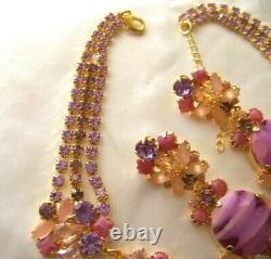 Rare CZECH Rose Pink & Purple Art Glass GP Rhinestone Glass Couture Necklace Set