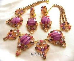 Rare CZECH Rose Pink & Purple Art Glass GP Rhinestone Glass Couture Necklace Set