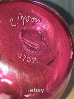 Rare Christian Zvonik Cranberry Pink Swirl Art Glass Blown Vase Signed Dated