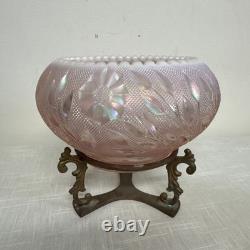 Rare FENTON Art Glass Pink Iridescent Rose & Leaves Bowl On Brass Stand