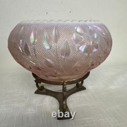 Rare FENTON Art Glass Pink Iridescent Rose & Leaves Bowl On Brass Stand