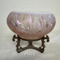 Rare FENTON Art Glass Pink Iridescent Rose & Leaves Bowl On Brass Stand