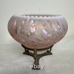 Rare FENTON Art Glass Pink Iridescent Rose & Leaves Bowl On Brass Stand