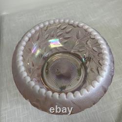 Rare FENTON Art Glass Pink Iridescent Rose & Leaves Bowl On Brass Stand