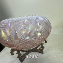 Rare FENTON Art Glass Pink Iridescent Rose & Leaves Bowl On Brass Stand