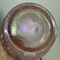Rare FENTON Art Glass Pink Iridescent Rose & Leaves Bowl On Brass Stand