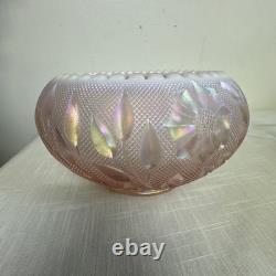 Rare FENTON Art Glass Pink Iridescent Rose & Leaves Bowl On Brass Stand