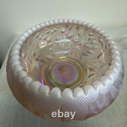 Rare FENTON Art Glass Pink Iridescent Rose & Leaves Bowl On Brass Stand
