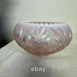 Rare FENTON Art Glass Pink Iridescent Rose & Leaves Bowl On Brass Stand