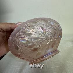 Rare FENTON Art Glass Pink Iridescent Rose & Leaves Bowl On Brass Stand
