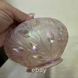 Rare FENTON Art Glass Pink Iridescent Rose & Leaves Bowl On Brass Stand