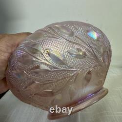 Rare FENTON Art Glass Pink Iridescent Rose & Leaves Bowl On Brass Stand
