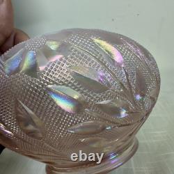 Rare FENTON Art Glass Pink Iridescent Rose & Leaves Bowl On Brass Stand