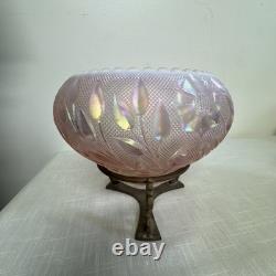 Rare FENTON Art Glass Pink Iridescent Rose & Leaves Bowl On Brass Stand