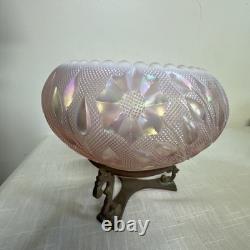 Rare FENTON Art Glass Pink Iridescent Rose & Leaves Bowl On Brass Stand
