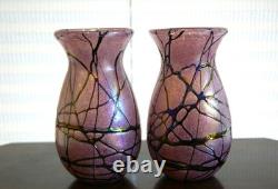 Rare Matching Pair of Bohemian Spots & Thread Pink Iridescent Glass Vases 1920s