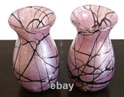 Rare Matching Pair of Bohemian Spots & Thread Pink Iridescent Glass Vases 1920s