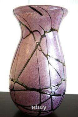 Rare Matching Pair of Bohemian Spots & Thread Pink Iridescent Glass Vases 1920s