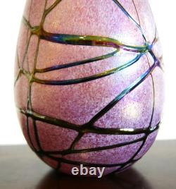 Rare Matching Pair of Bohemian Spots & Thread Pink Iridescent Glass Vases 1920s