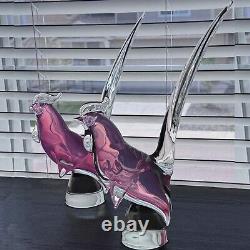 Rare Murano Art Glass Birds Pheasant Rooster Figurines Pink 13 Tall MCM Pair