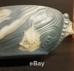Rare Phoenix Consolidated Art Glass Blue Frosted satin Diving Girl Banana bowl